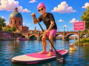 Illustration Eloriter d'un pratiquant de stand up paddle sur la Garonne à Toulouse, la Ville rose