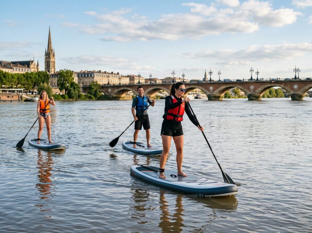 Session de paddle encadrée avec gilets sur un plan d'eau calme, comme chez Eloriter Toulouse